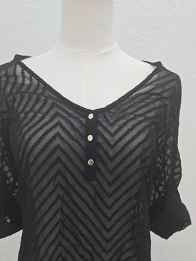 bebe Black Sheer Chevron Top with Gold Buttons